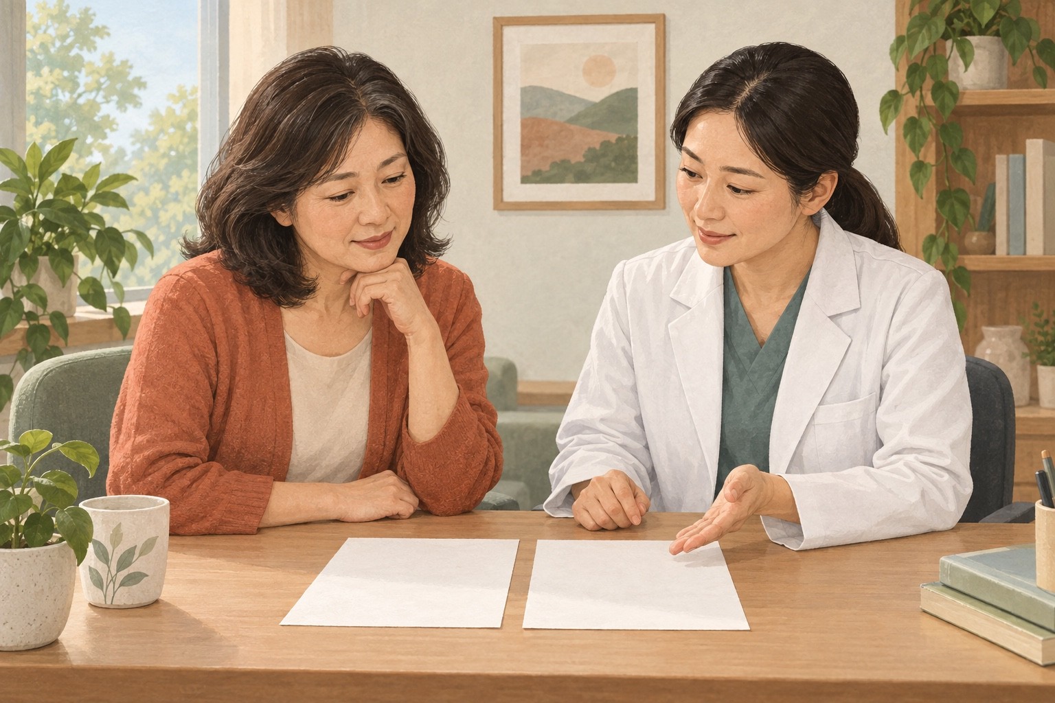 기존 치료계획과 추가 상담 계획을 함께 놓고 이야기하는 중년 여성과 의료진의 일러스트