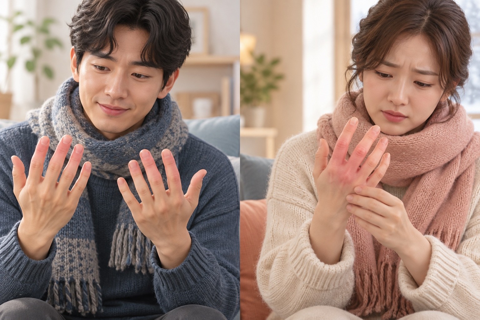 따뜻한 실내에서 서로 다른 두 사람의 손 색 변화와 가벼운 붓기를 살펴보는 설명용 삽화