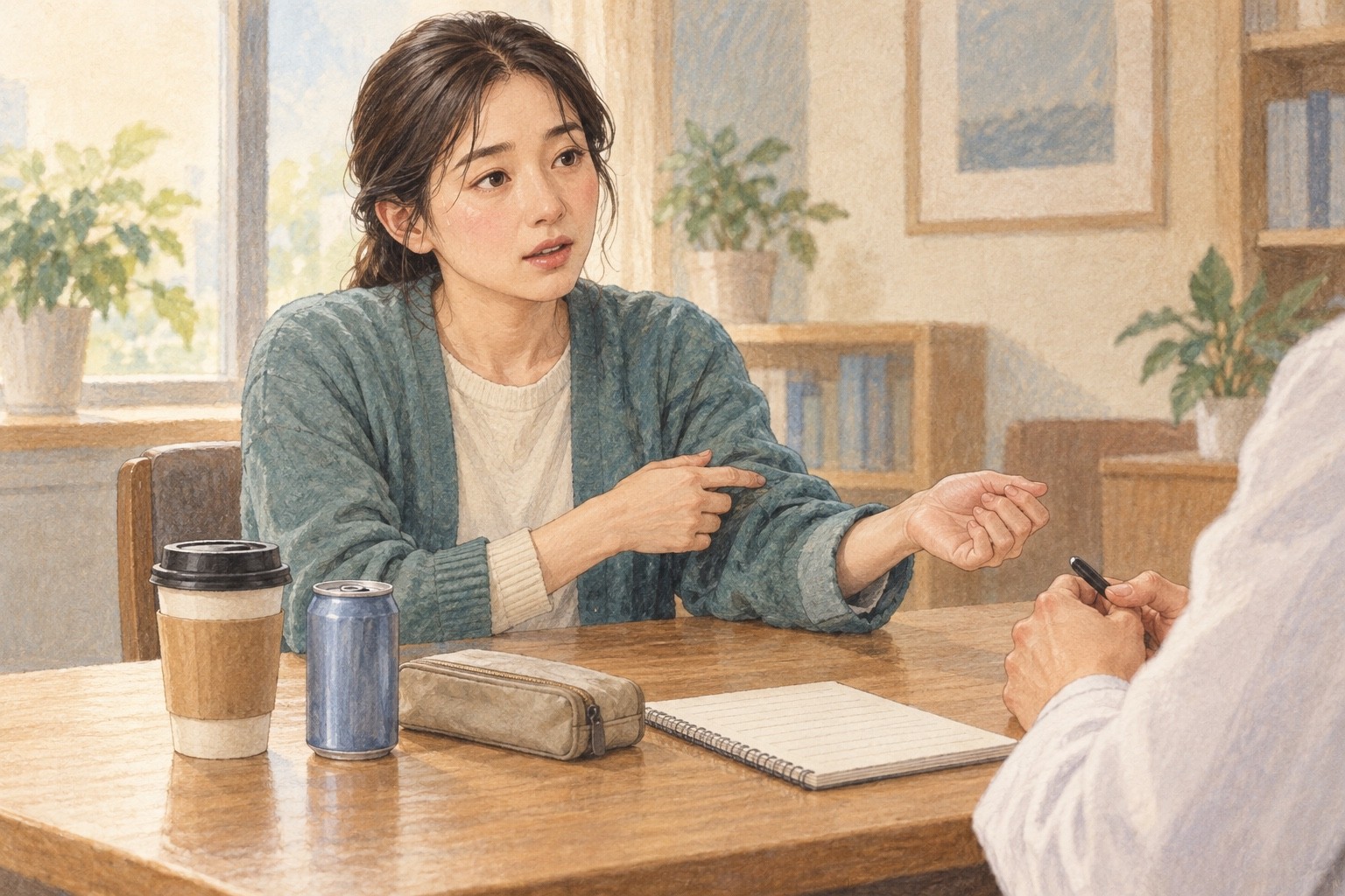 커피 컵과 음료 캔이 놓인 상담 탁자에서 팔을 가리키며 불편을 설명하는 성인