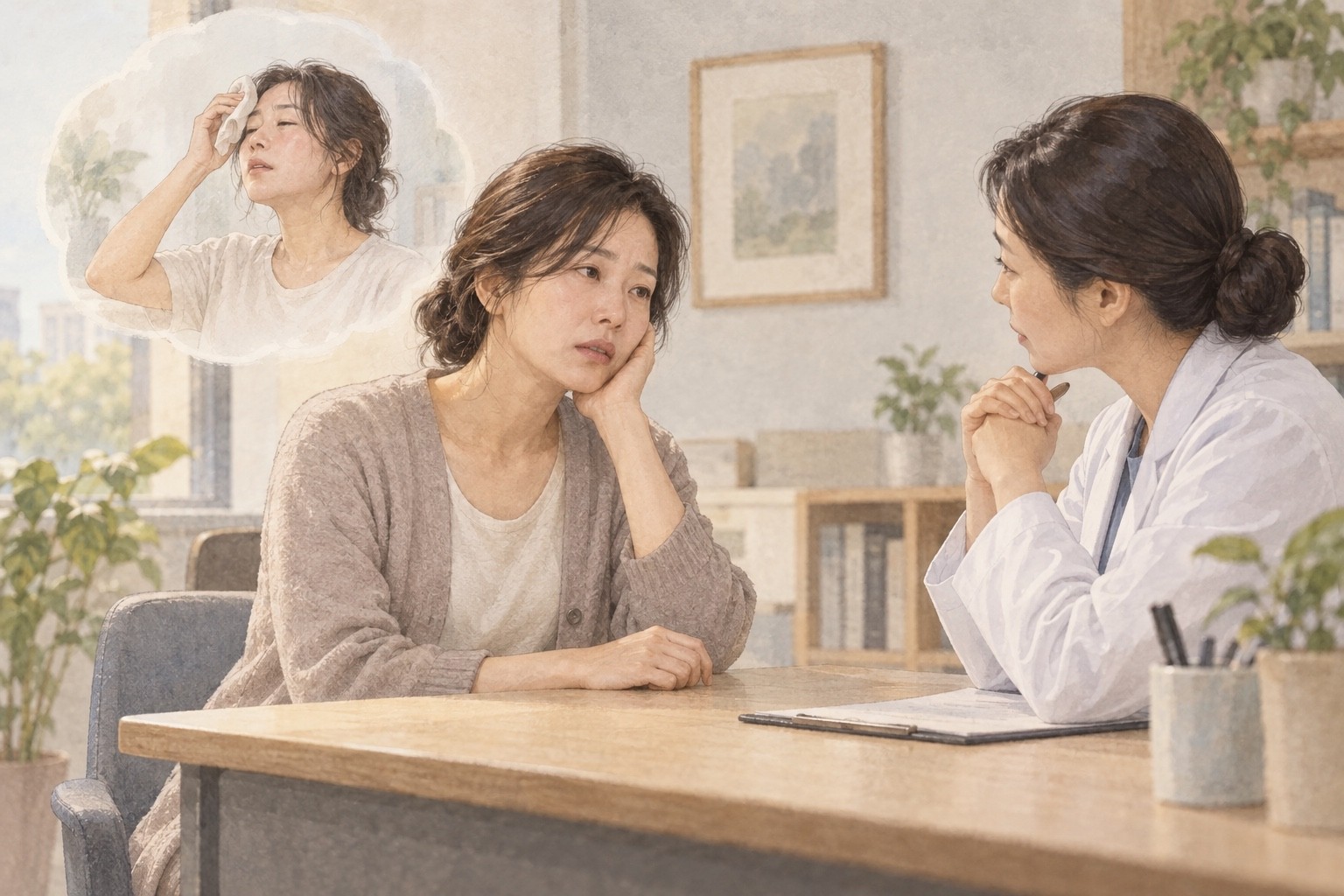 앞서 땀을 닦던 기억과 현재 추위·피로를 의료진에게 함께 설명하는 여성의 가상 상담 장면