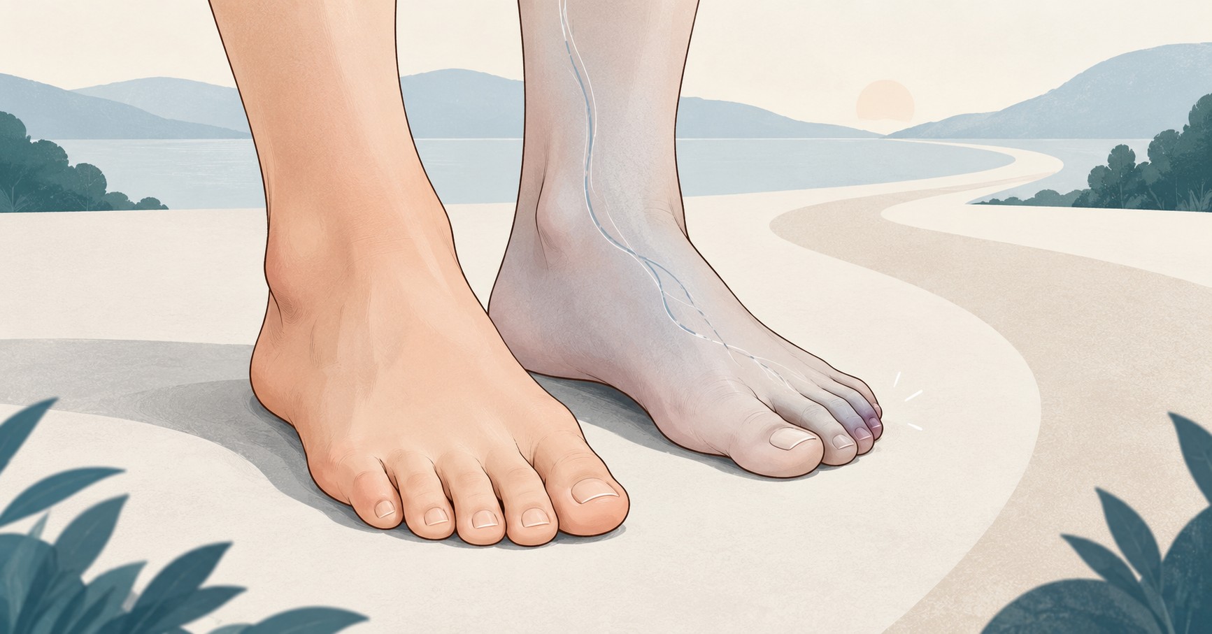 양쪽 발 중 한쪽만 더 차갑고 창백하게 표현되어 좌우 혈류 차이를 보여 주는 장면