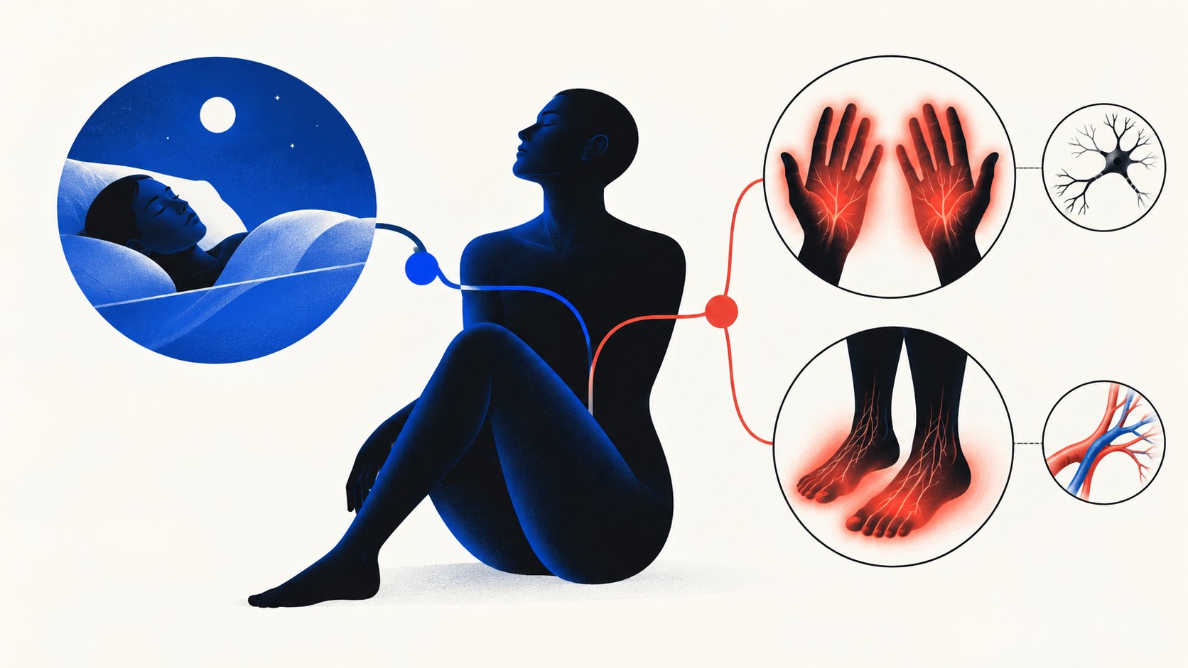 회복된 수면의 파란 흐름과 손발에 남은 붉은 작열 경로가 서로 갈라지는 추상 일러스트