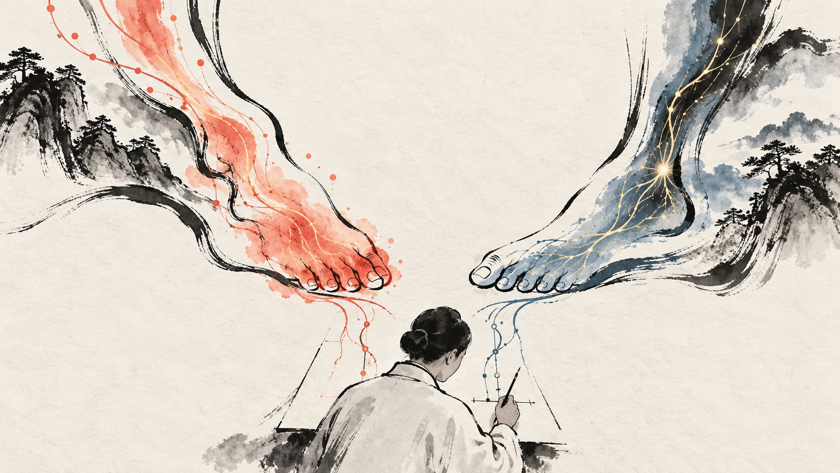 발바닥의 실제 표면 열과 신경성 작열감을 서로 다른 경로로 보여 주는 추상 임상 일러스트