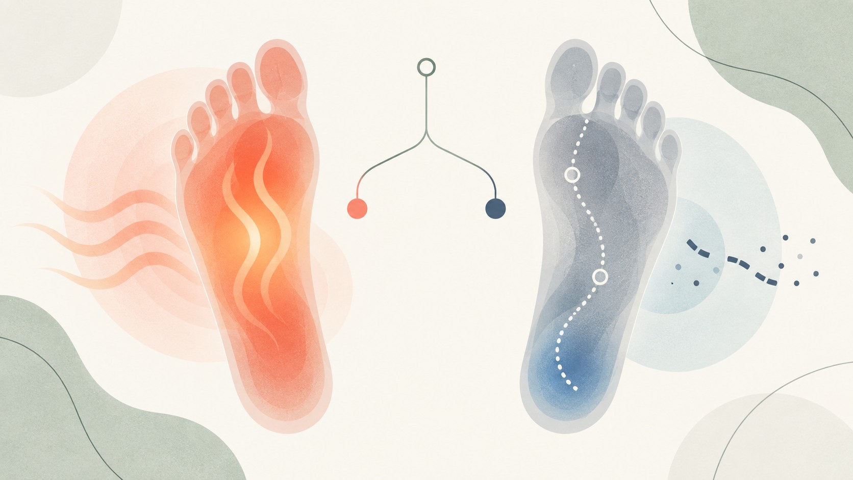 따뜻한 색의 발과 감각 경로가 끊긴 푸른 발이 갈림길로 나뉜 추상 일러스트