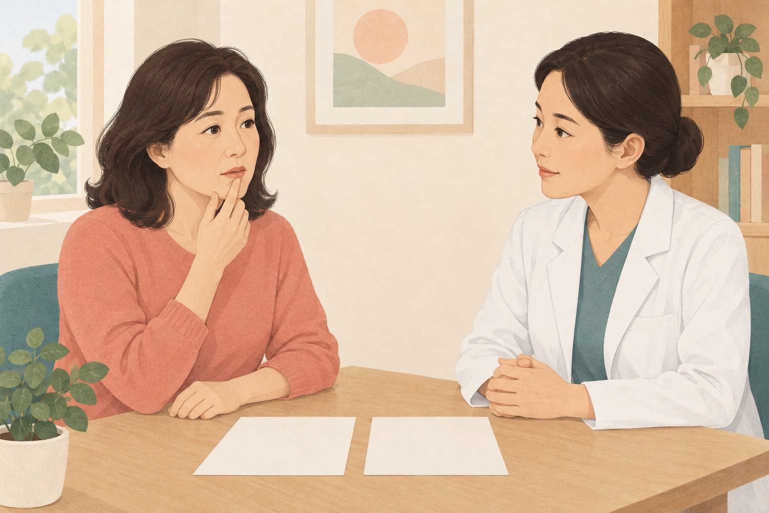 얼굴 홍조와 입안 불편의 치료 목적을 의료진과 따로 확인하는 상담 예시 그림