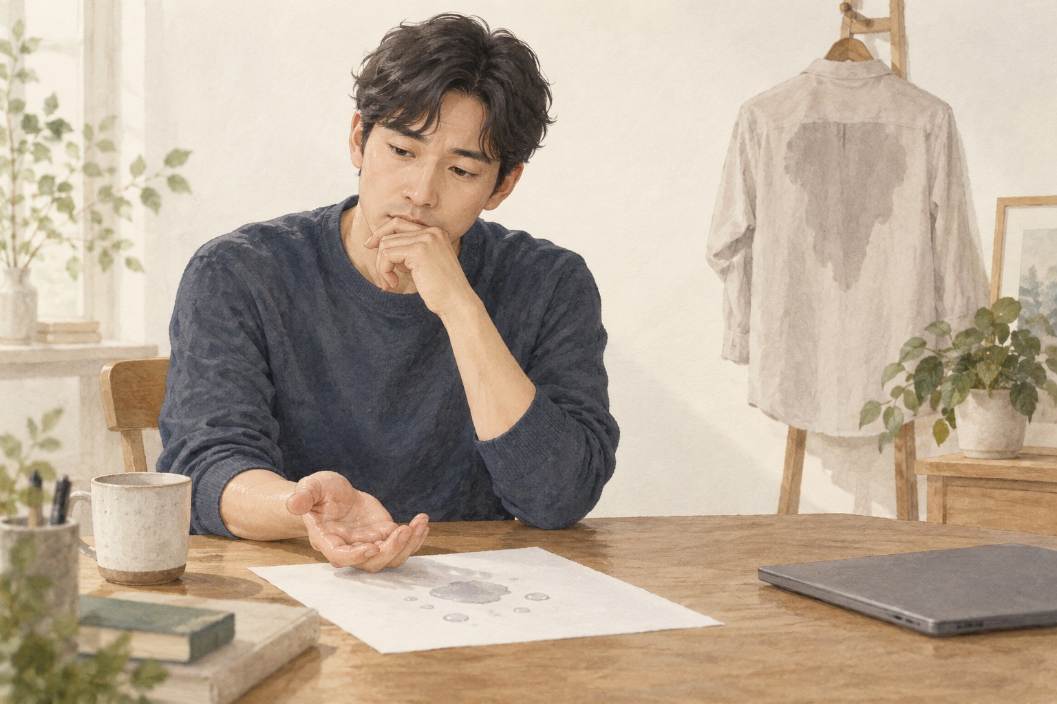 젖은 서류를 다루는 손과 옷이 젖을 수 있는 생활 부담을 함께 생각하는 수술 전 선택 장면