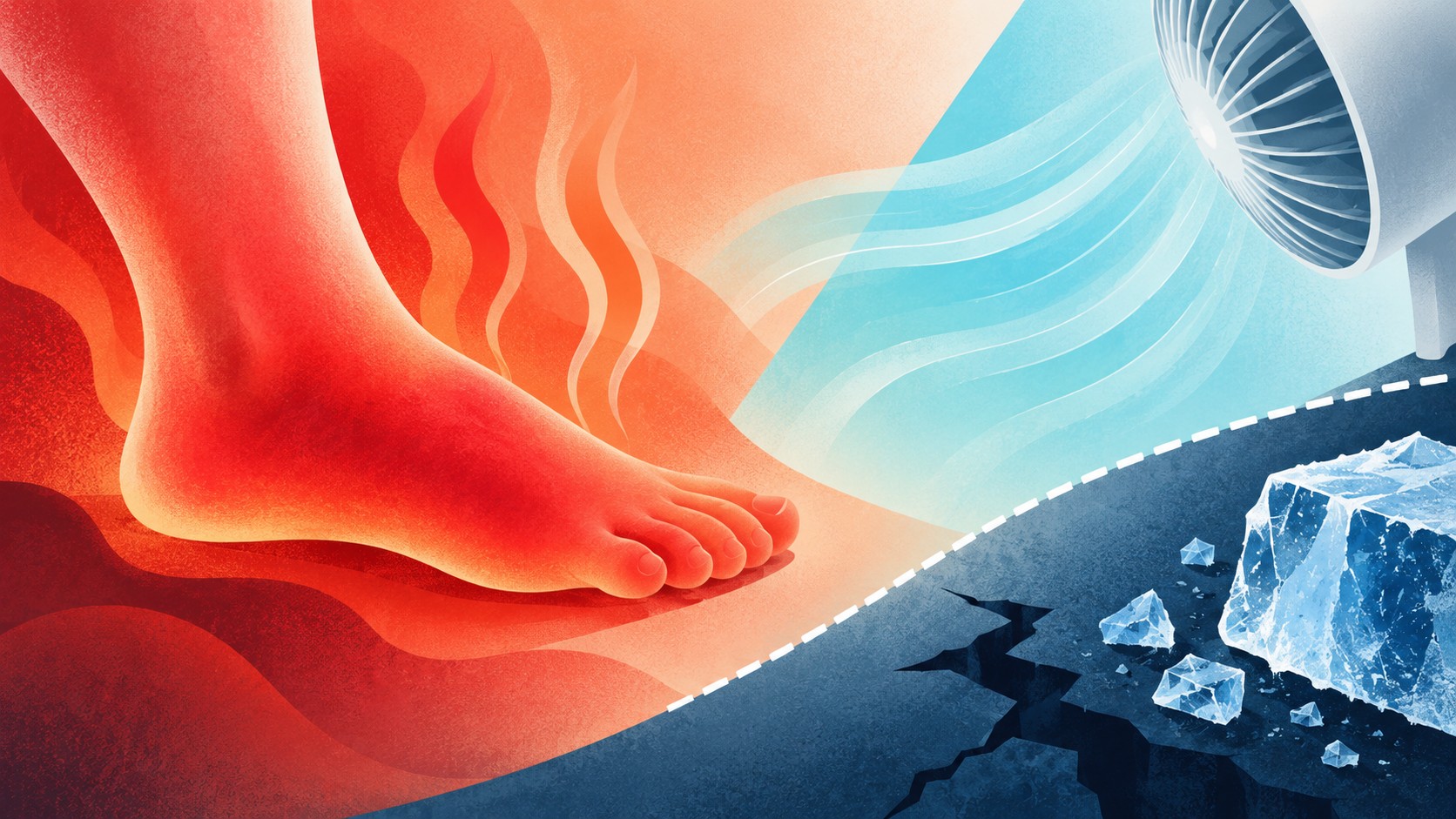 붉고 뜨거운 발에 부드러운 바람이 닿고, 얼음은 안전 경계 밖에 놓인 추상 편집 일러스트