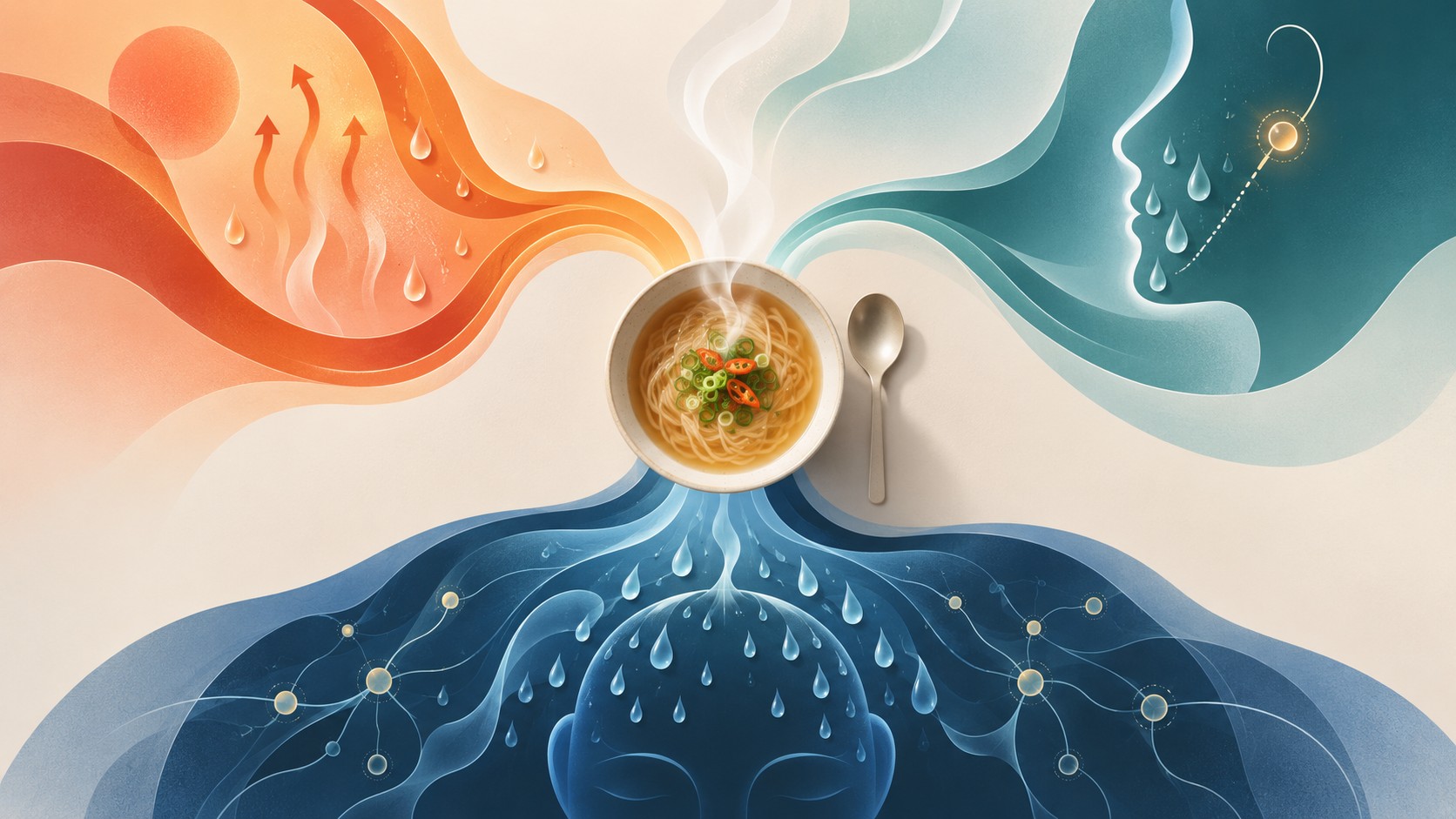 식사 장면에서 열 자극, 한쪽 얼굴 발한, 전신성 발한의 세 경로가 갈라지는 추상 일러스트