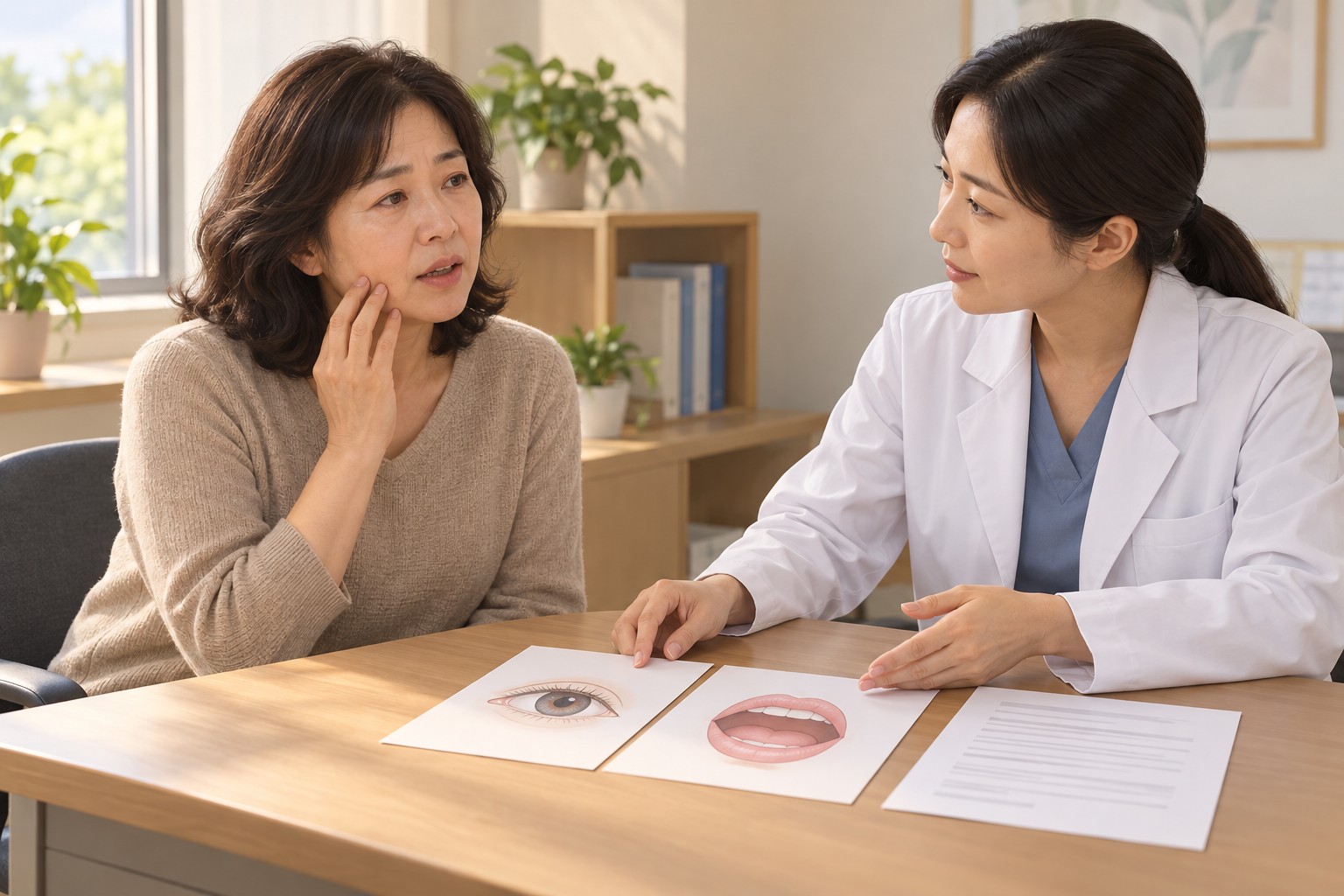 눈과 입의 건조 병력을 각각 확인하고 검사 자료를 함께 살피는 상담 장면
