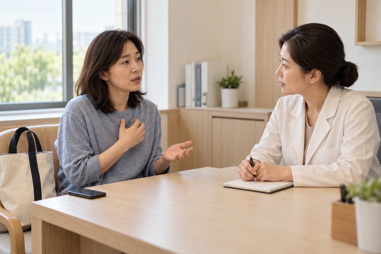 활동 중 열감이 잦아든 뒤 다음 날 남은 불편을 설명하며 상담하는 장면