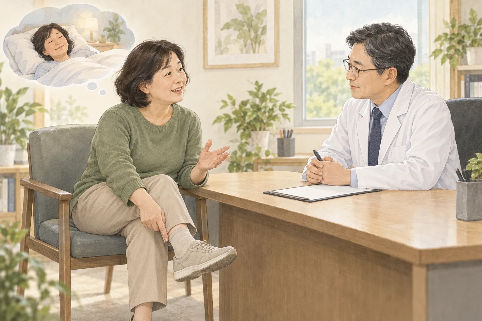 발 감각을 가리키며 상담하는 환자와 듣는 의료진, 환자 옆에는 편히 잠든 모습을 떠올리는 작은 장면