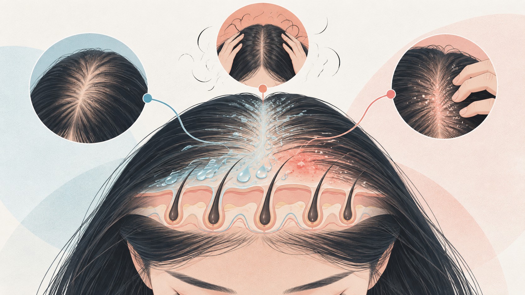 두피 표면의 땀과 자극 부위, 머리카락이 줄어드는 여러 모양을 분리해 보여 주는 편집 일러스트