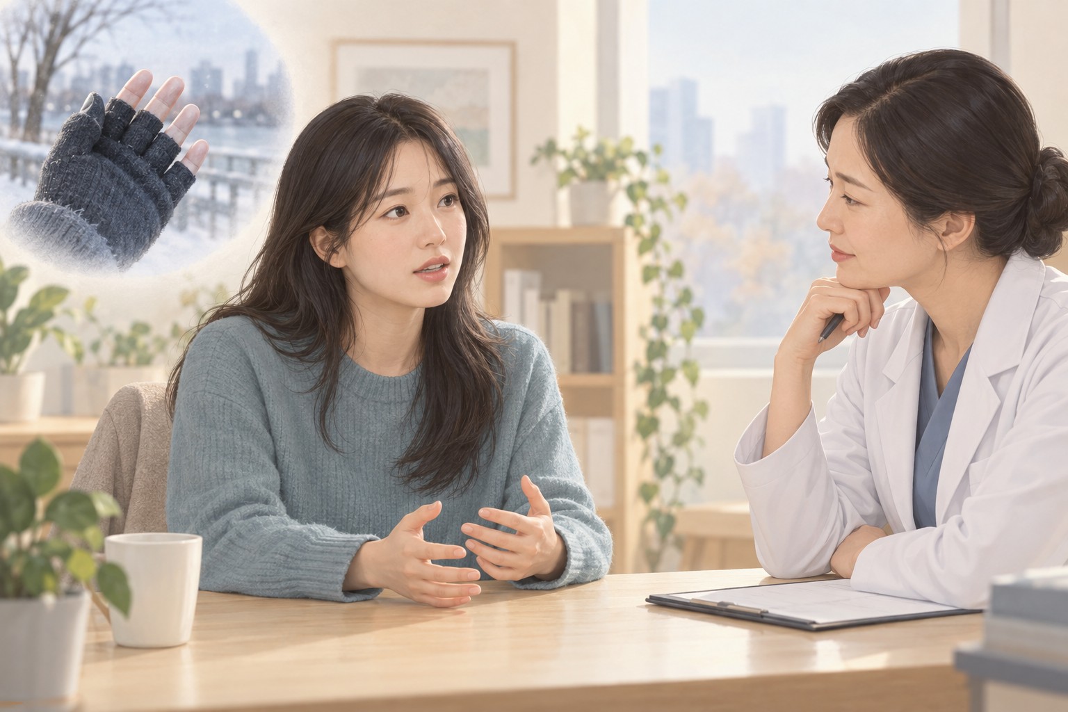 손 저림을 겪은 사람이 의료진에게 호흡과 손의 변화를 설명하는 상담 장면
