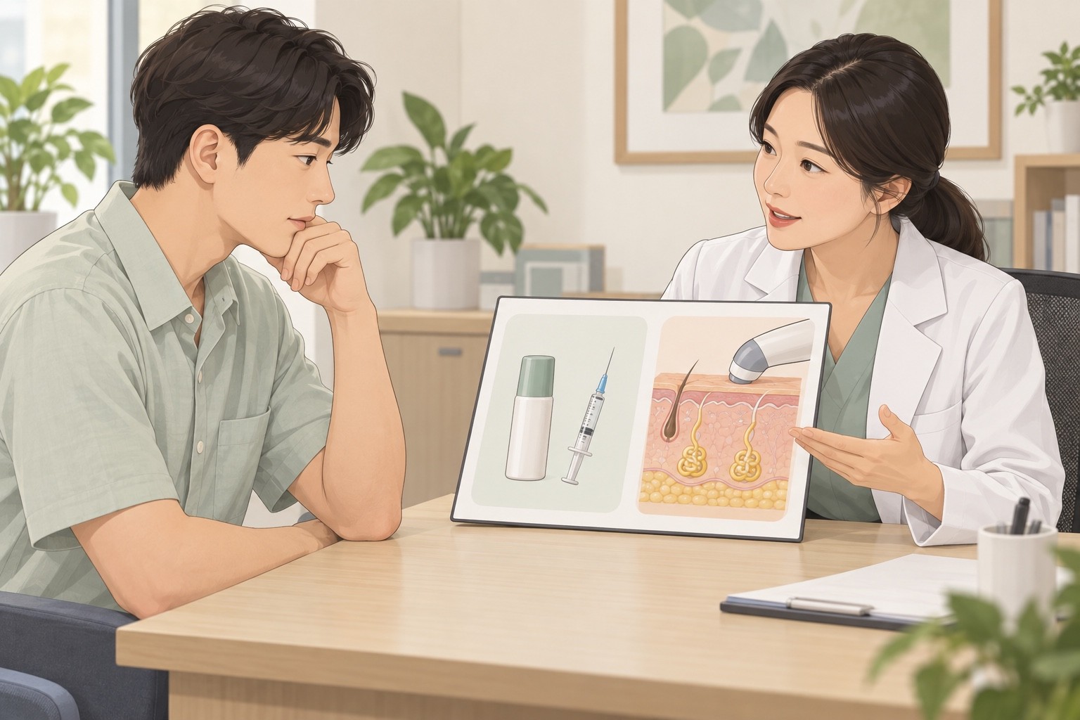 겨드랑이 땀 치료 상담에서 도포·주사와 국소 땀샘에 개입하는 방법을 비교하는 성인과 의료진