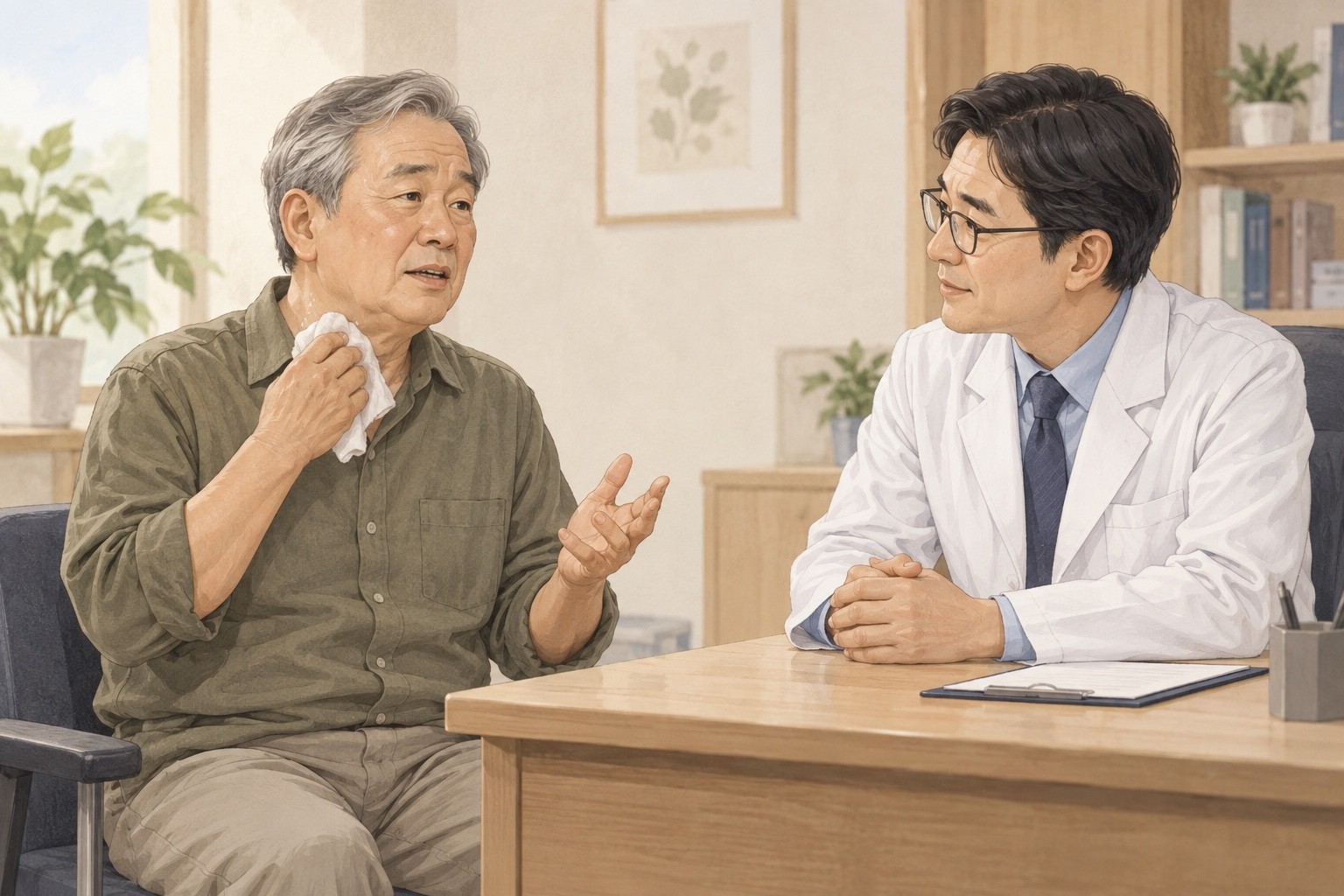 열감과 땀으로 불편한 가상의 남성이 손수건을 들고 의료진에게 증상 치료를 상담하는 모습