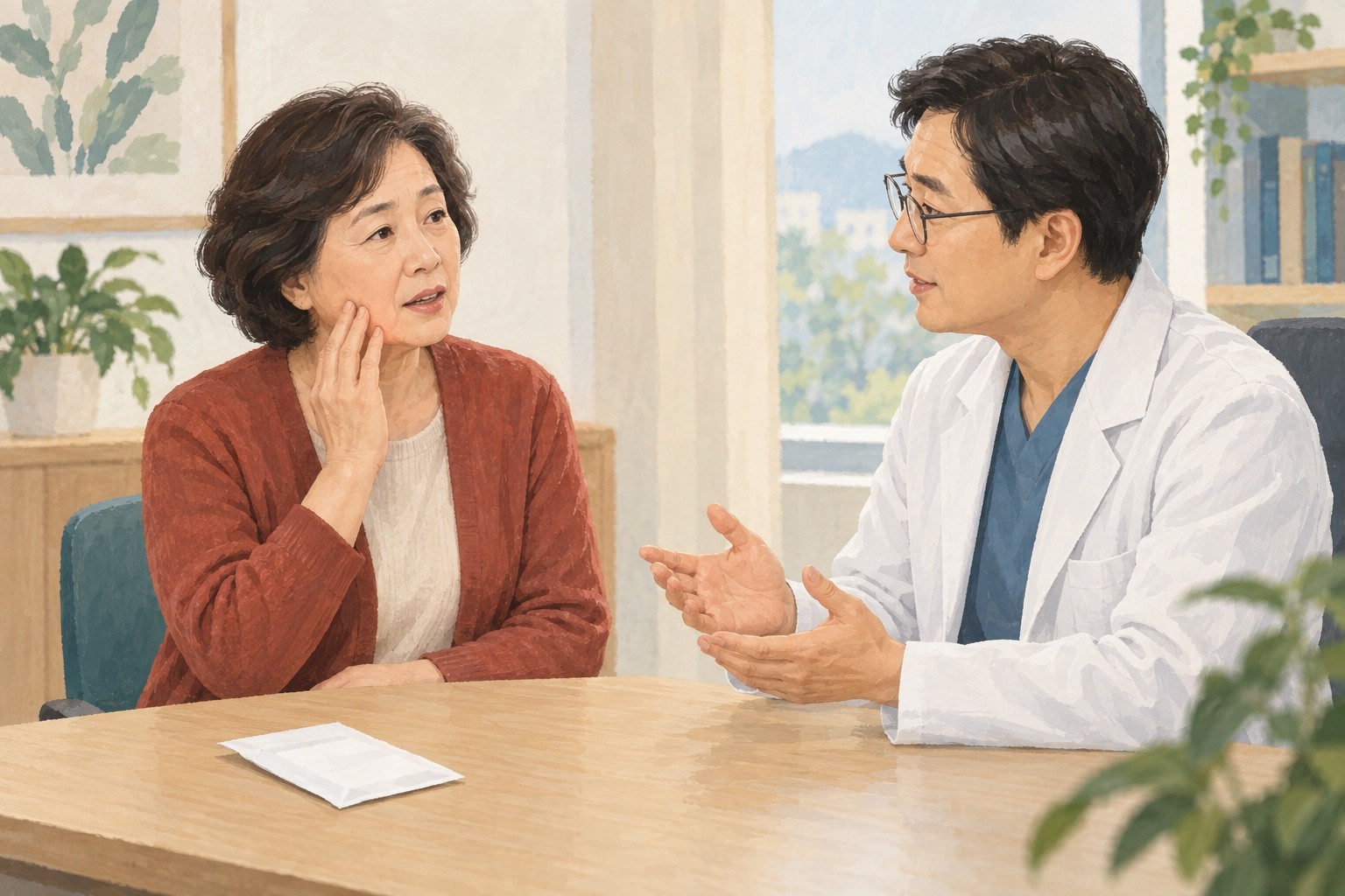 입안 통증 치료에 쓰는 약의 목적을 의료진에게 묻는 성인과 설명하는 의료진의 생성 상담 그림
