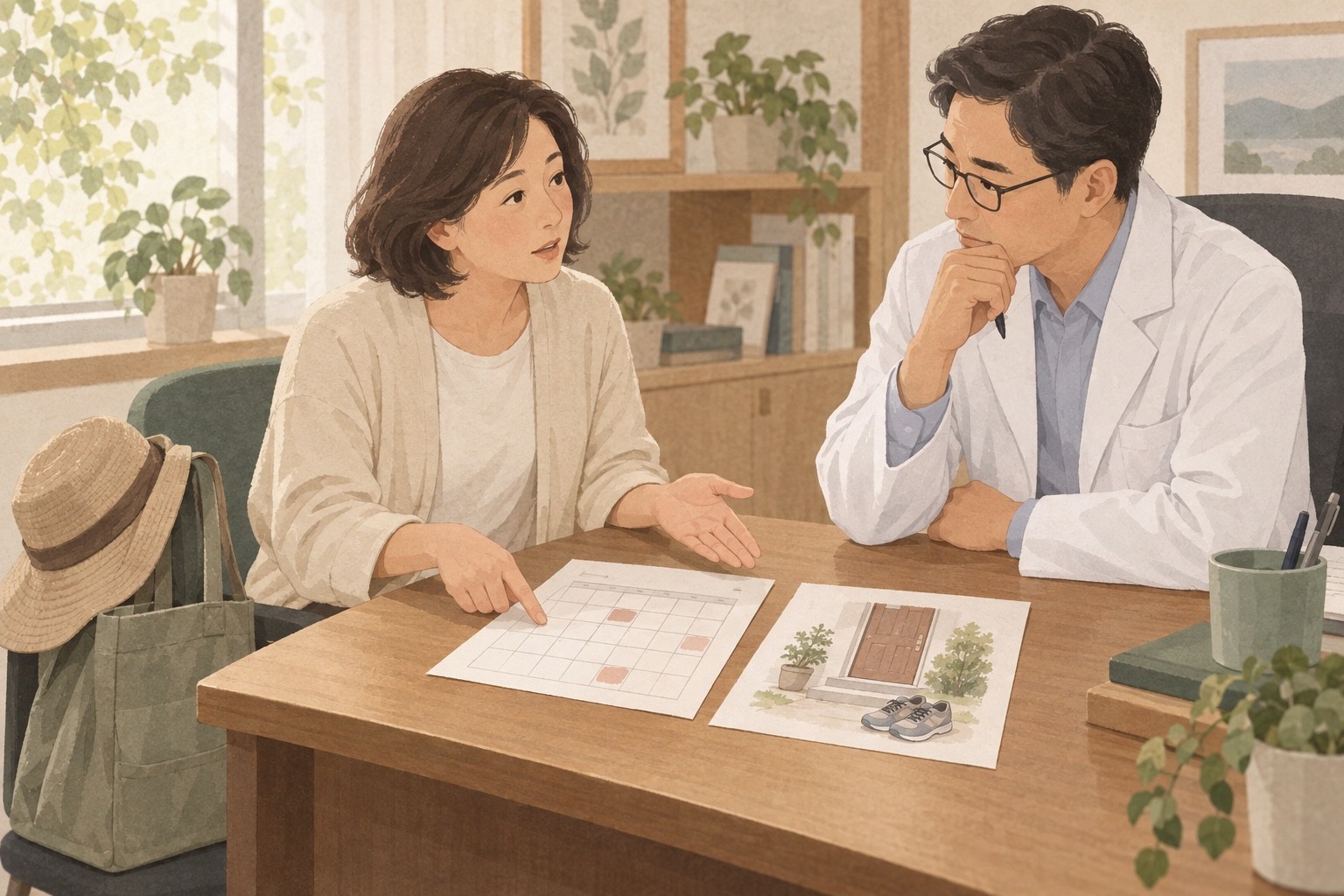 성인이 달력 형태의 자료와 현관·신발 그림을 의료진에게 함께 설명하는 상담 삽화