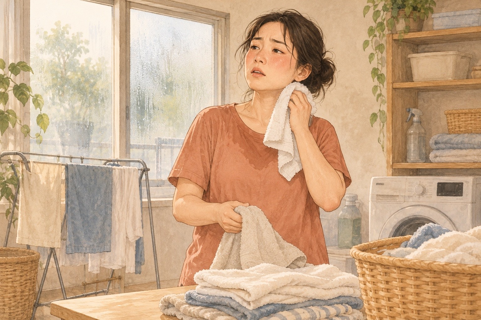 눅눅한 실내에서 빨래를 개다 땀을 닦으며 여전히 더워하는 성인