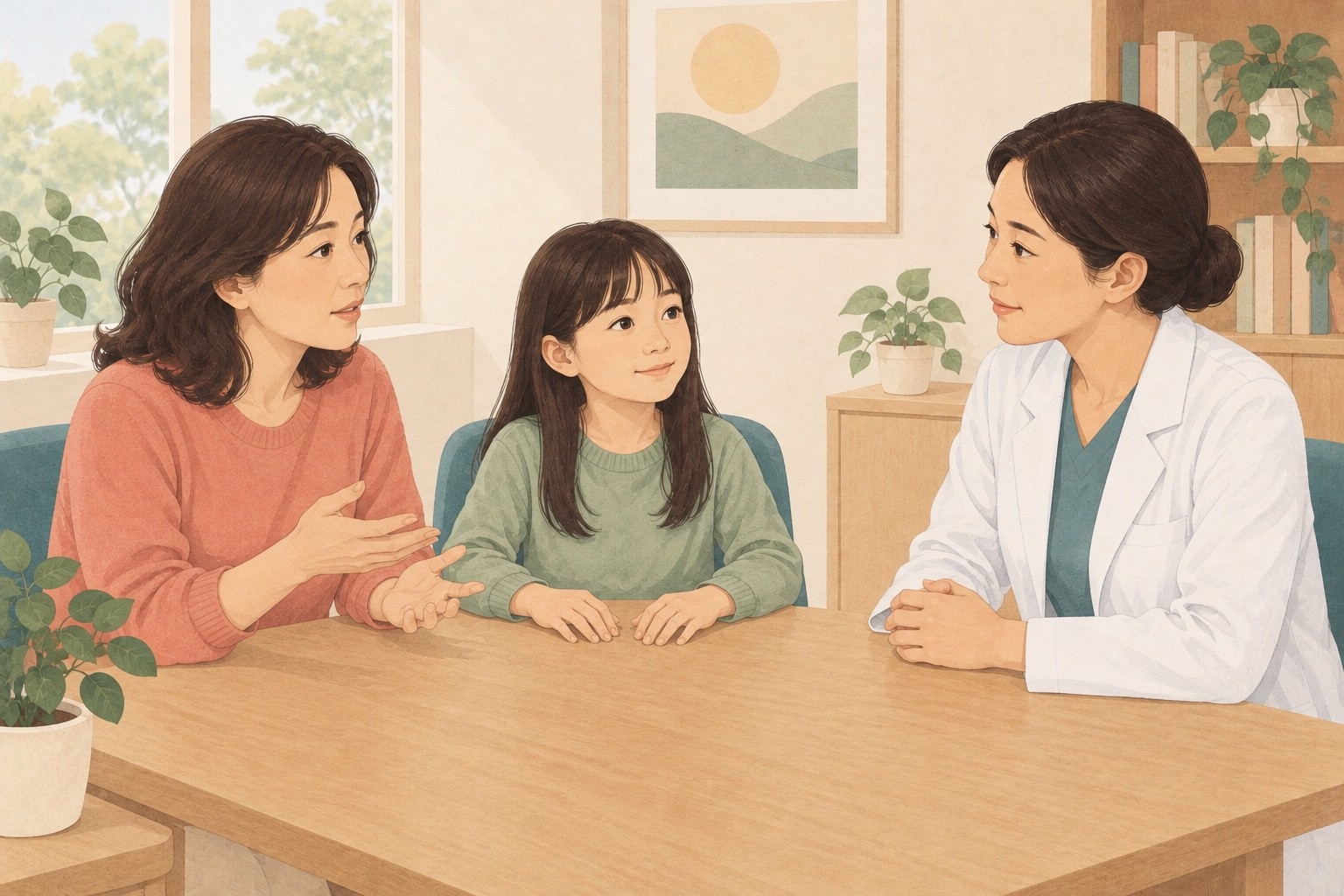 손가락 색이 이미 회복된 아이와 보호자가 의료진에게 경과를 설명하는 가상 상담 그림