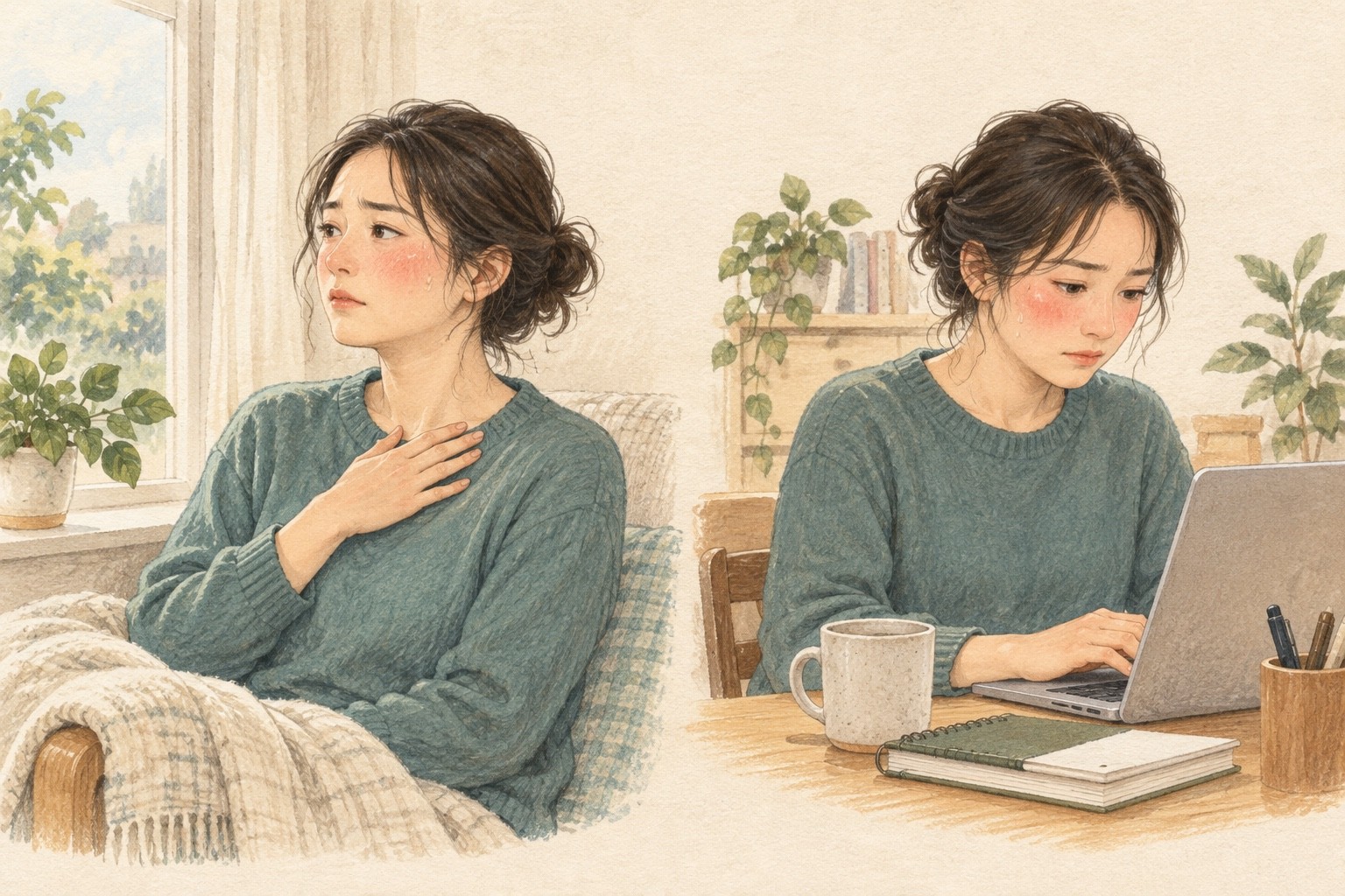 얼굴이 달아오르고 땀이 나는 때를 창가에 앉은 장면과 책상에서 일하는 장면으로 나란히 보여주는 그림