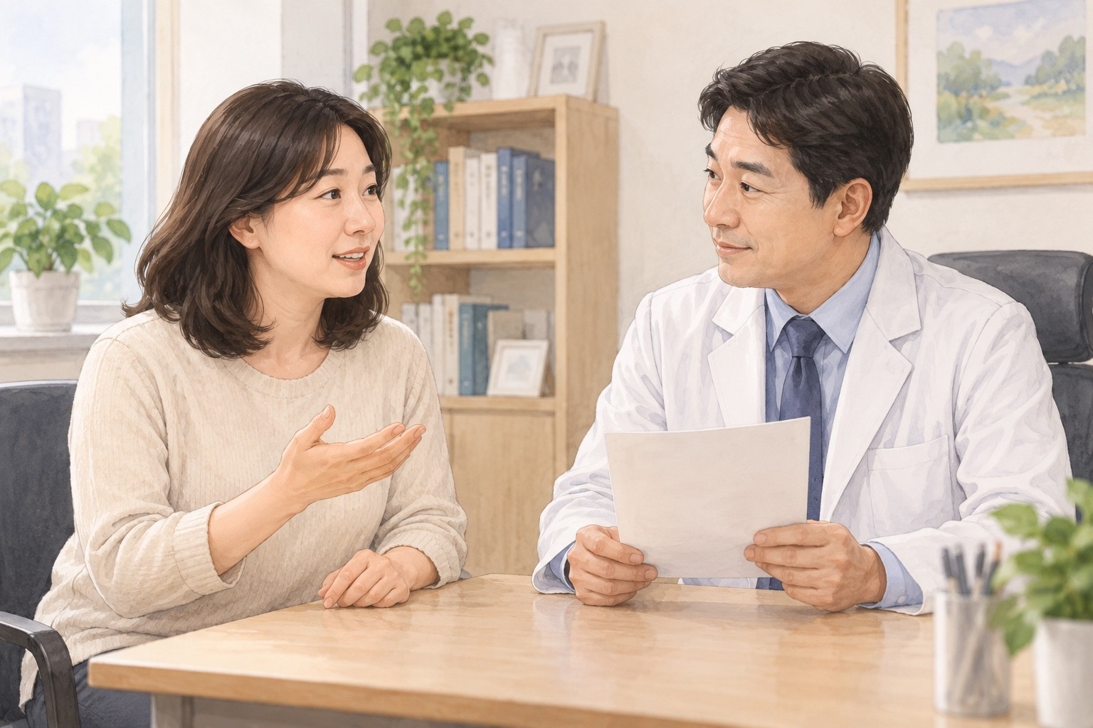추위를 덜 느끼게 된 경험을 말하며 의료진과 처방 목적을 확인하는 성인의 합성 상담 장면
