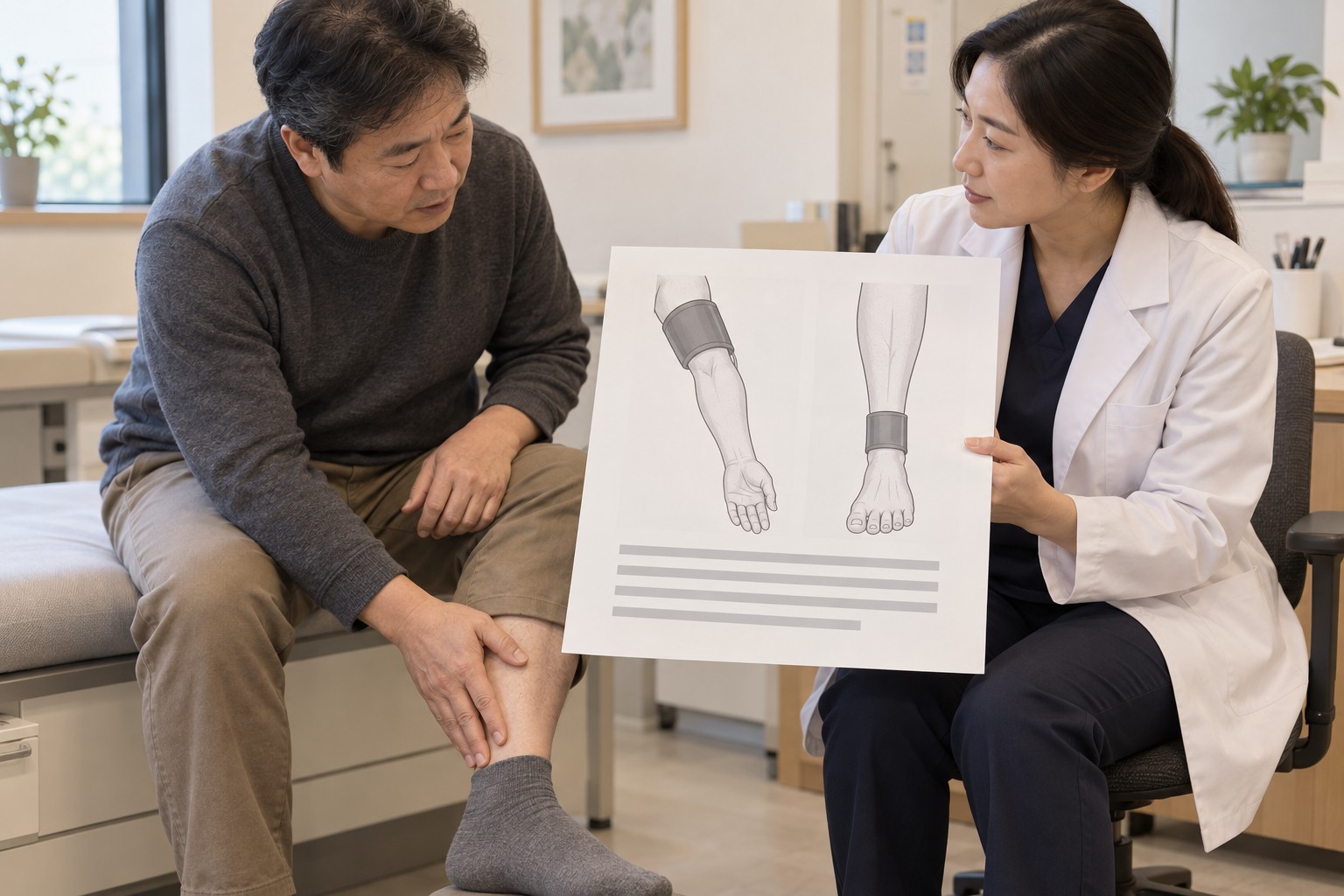 팔과 발목의 압력 비교 자료를 보며 발의 시림을 설명하는 성인과 이를 듣는 의료진의 AI 생성 예시