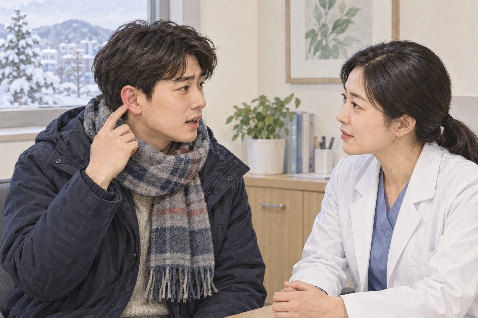 추위에서 실내로 들어온 가상의 환자가 붉어진 귀와 앞서 겪은 변화를 의료진에게 설명하는 모습