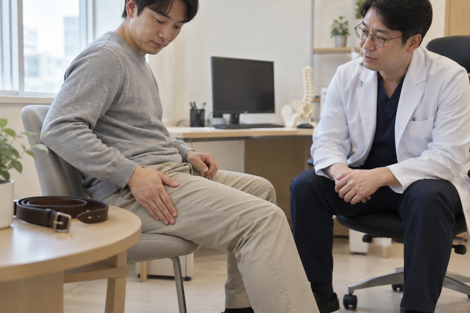 환자가 옷 위로 허벅지 바깥쪽을 가리키며 허리 주변 압박과의 관계를 상담하는 모습