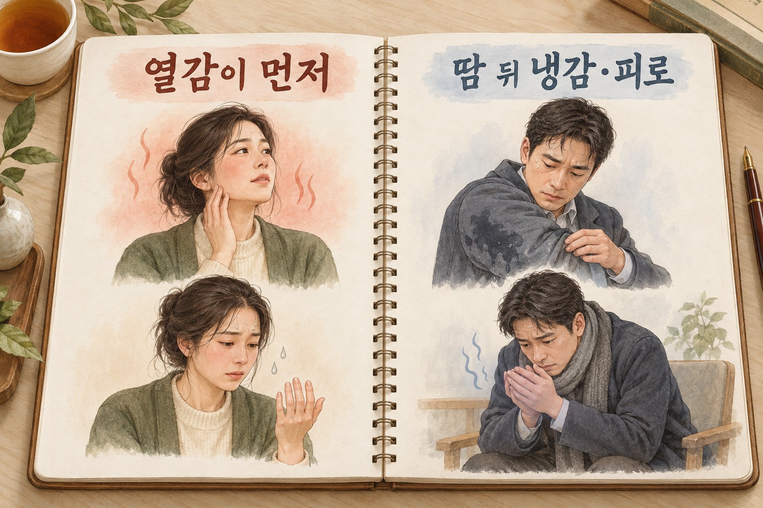 노트 왼쪽은 열감이 먼저 온 뒤 땀이 나는 모습, 오른쪽은 땀을 흘린 뒤 손이 차고 지친 모습을 나누어 그린 그림