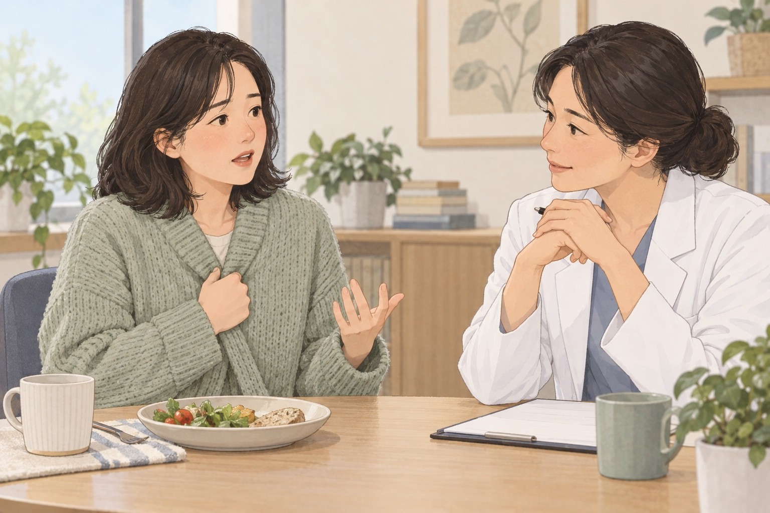 가디건을 여미는 성인이 의료진에게 추위와 식사에 관한 걱정을 함께 설명하는 삽화
