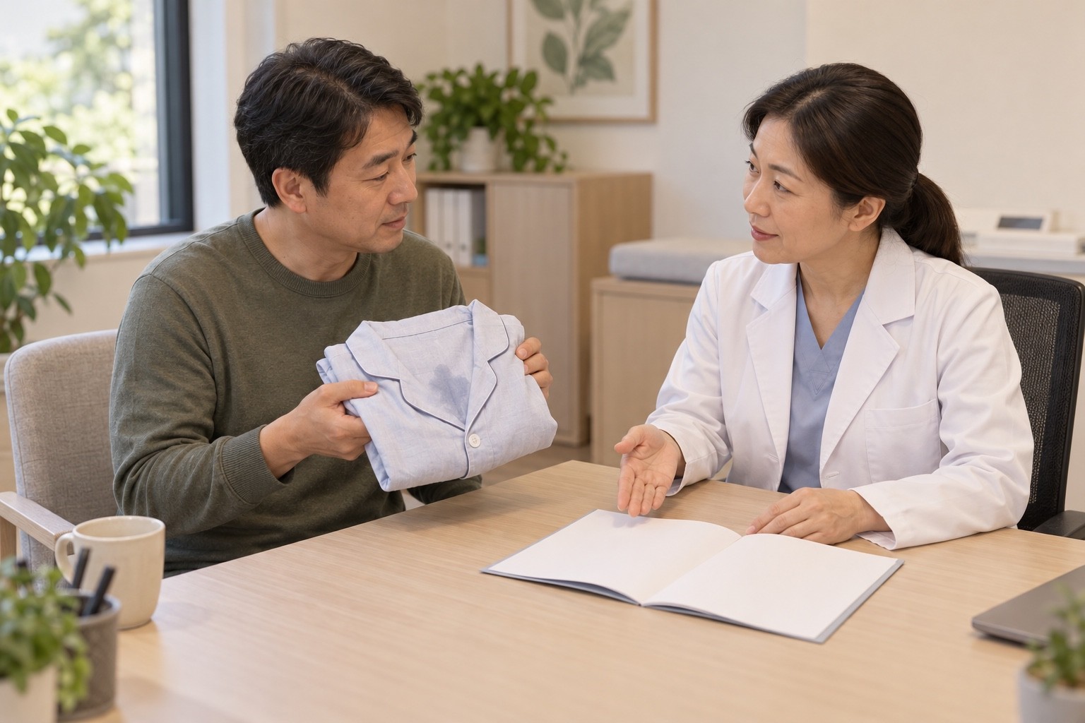 젖은 잠옷을 보여주며 기존 당뇨 관리 계획을 상담하는 성인과 의료진의 AI 생성 예시