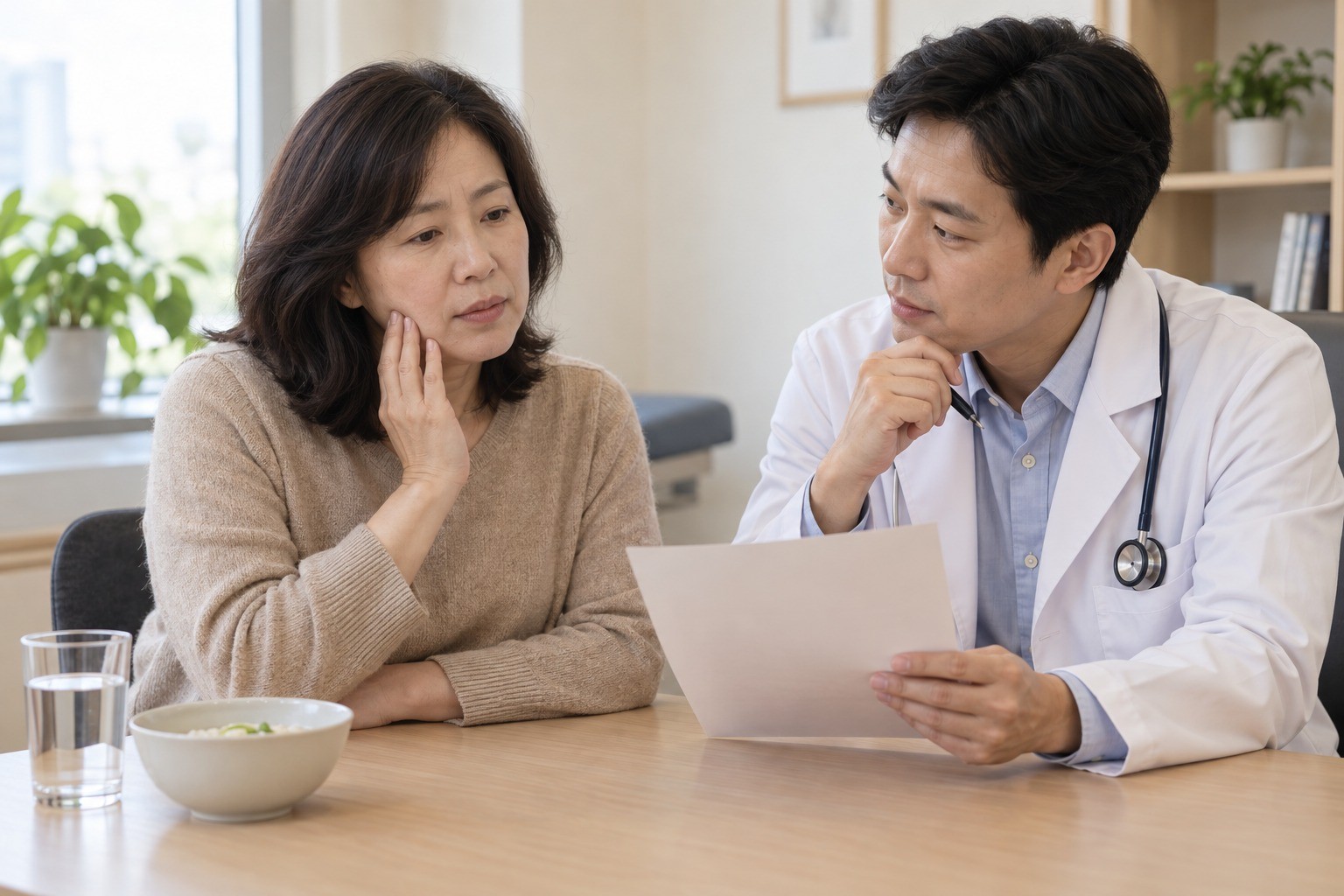 입안 통증이 남은 성인이 의료진과 추가 치료의 목표를 상의하는 합성 상담 장면