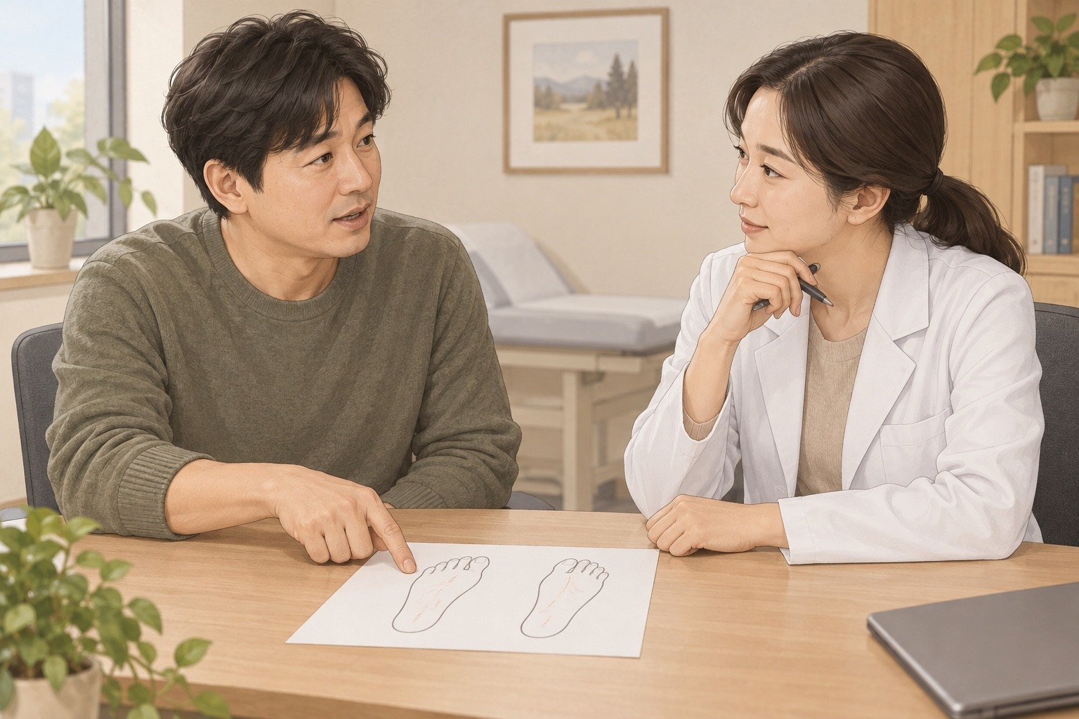 종이에 그린 양쪽 발을 짚으며 화끈거림의 위치를 설명하는 상담 장면