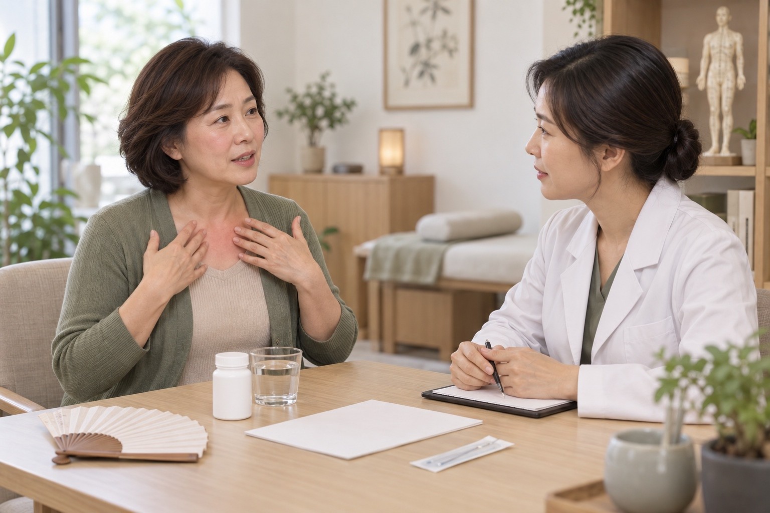 얼굴과 상체의 열감, 현재 복용약을 설명하며 침치료 병행을 상담하는 모습
